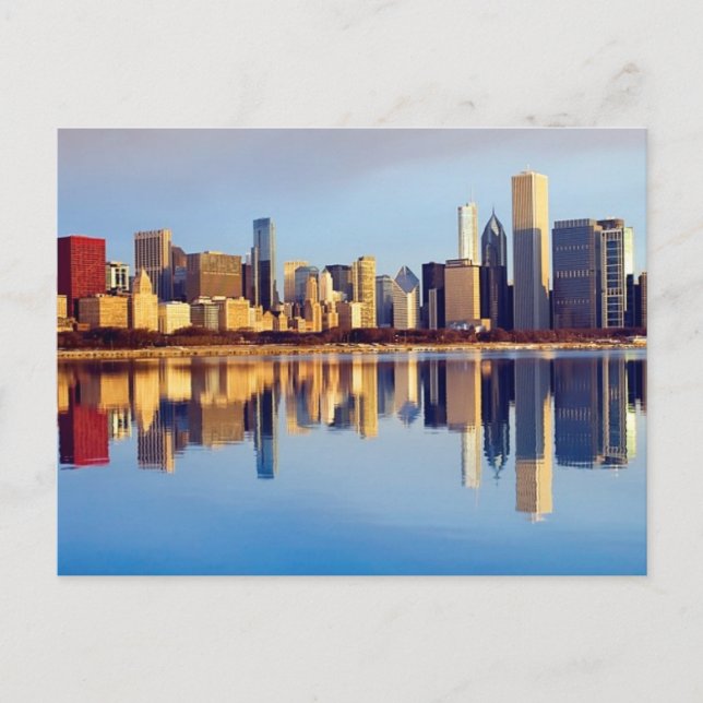 Aussicht auf die Skyline von Chicago mit Reflexion Postkarte (Vorderseite)