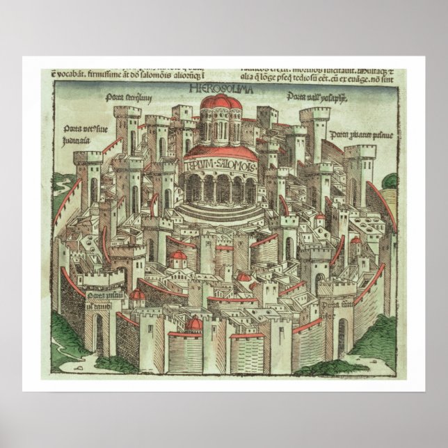 Aussicht auf die ummauerte Stadt Jerusalem mit dem Poster (Vorne)