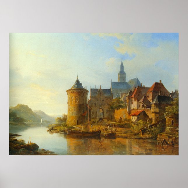 Aussicht auf eine holländische Stadt am Rhein Poster (Vorne)