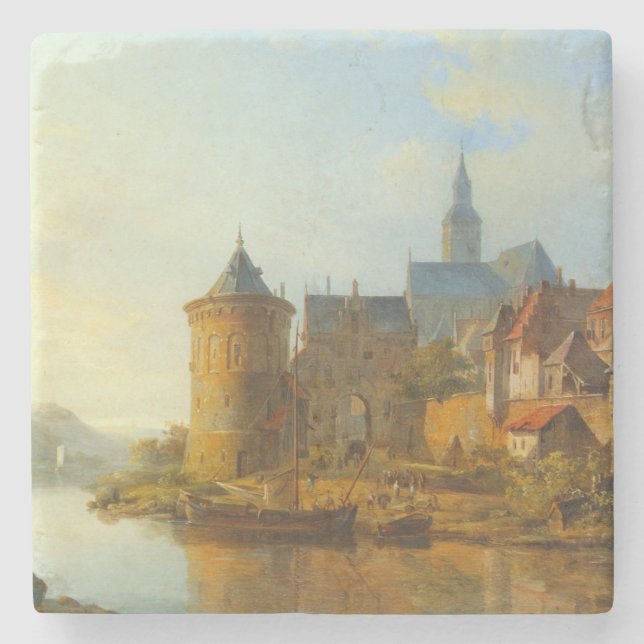 Aussicht auf eine holländische Stadt am Rhein Steinuntersetzer (Vorderseite)