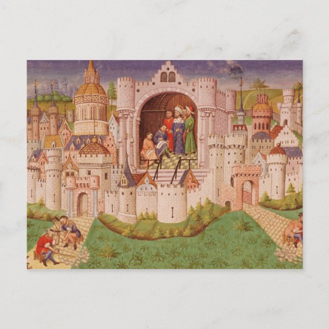 Aussicht auf eine Stadt mit Straßenbauarbeitern Postkarte (Vorderseite)