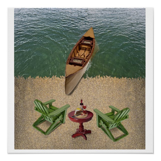 Aussicht vom Strand mit Wein und Käse. Poster (Vorderseite)