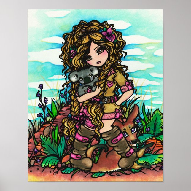 Aussie Girl Koala Kangaroo Kunst, Dichtung und Mus Poster (Vorne)