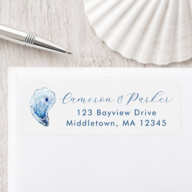 Austerblaue Aquarell-Hochzeits-Rücksendeadresse (Blue Watercolor Oyster Shell Address Label for a coastal wedding by Concertina Press)