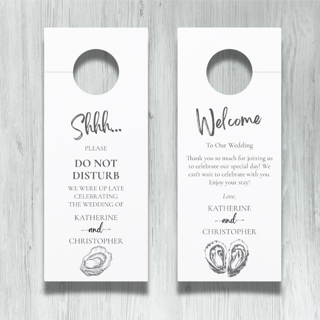 Austern Schwarz-weiß, die die Hochzeit nicht störe Türanhänger (Oysters Black and White Shhh Do Not Disturb Wedding Door Hanger with Custom Message on Back.)