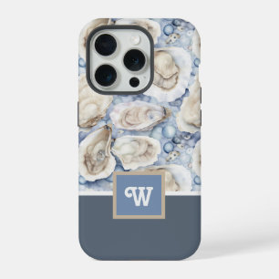 Austern und Perlen Blau Grau Beige Monogramm Anfan iPhone 15 Pro Hülle