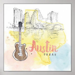 Austin, Aquarell-Skizze Texas   Poster