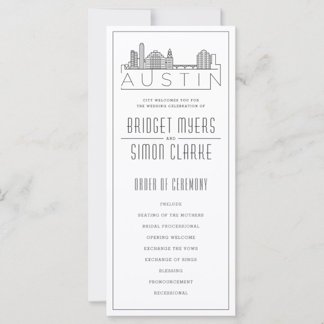 Austin City Stylized Skyline | Hochzeitsprogramm (Vorderseite)