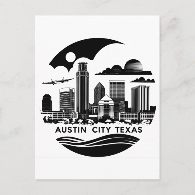 Austin City Texas Skyline Retro Black & White Art Postkarte (Vorderseite)