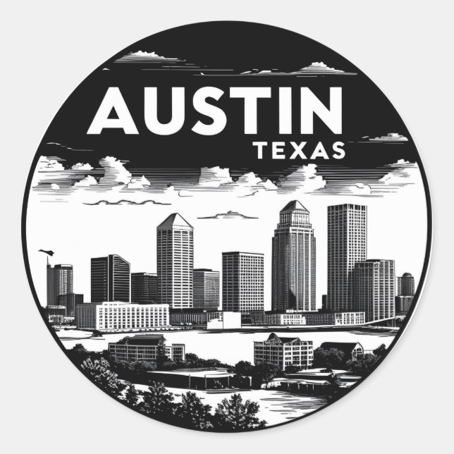 Austin City Texas Skyline Retro Black & White Art Runder Aufkleber (Vorderseite)