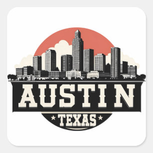 Austin City Texas Skyline Retro Schwarz-Weiß-Kunst Quadratischer Aufkleber