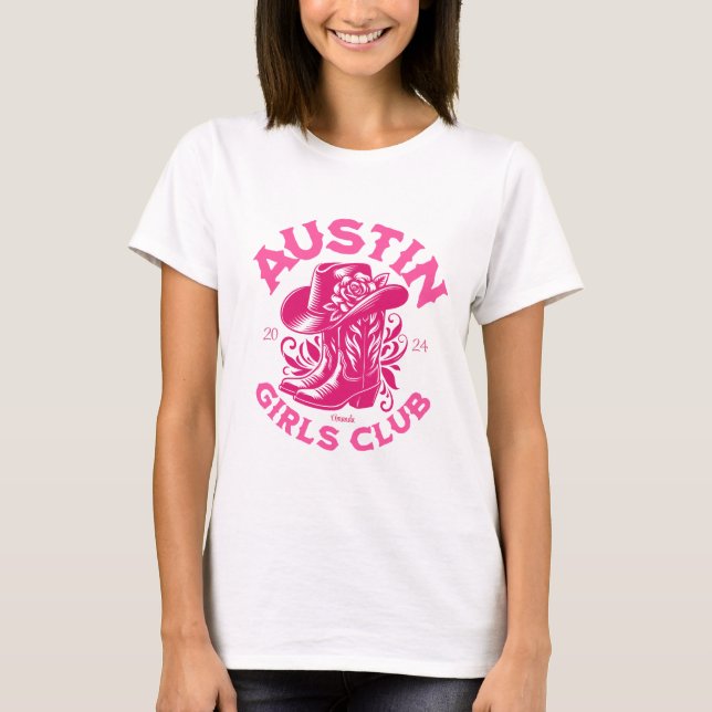 austin Junggeselinnen-Abschied Cowboystiefel pink T-Shirt (Vorderseite)