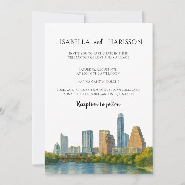 Austin Skyline Destination Wedding Invitation Einladung (Vorderseite)