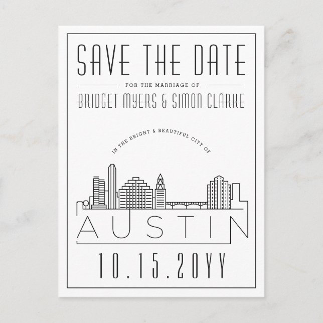Austin | Stilisierte Skyline Save the Date Postkarte (Vorderseite)