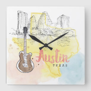Austin, Texas   Aquarellzeichnung Quadratische Wanduhr