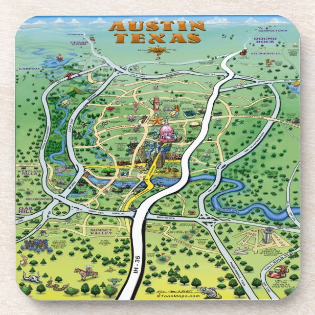 Austin Texas Cartoon Map Getränkeuntersetzer (Vorderseite)