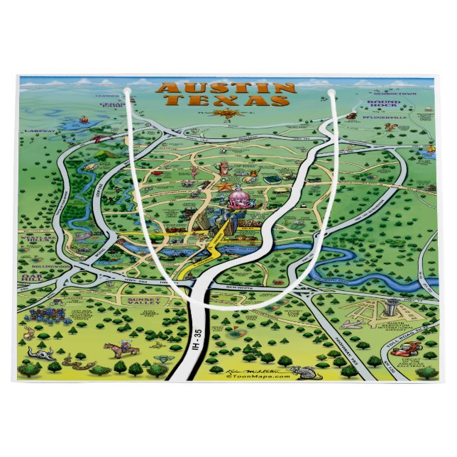 Austin Texas Cartoon Map Große Geschenktüte (Vorderseite)