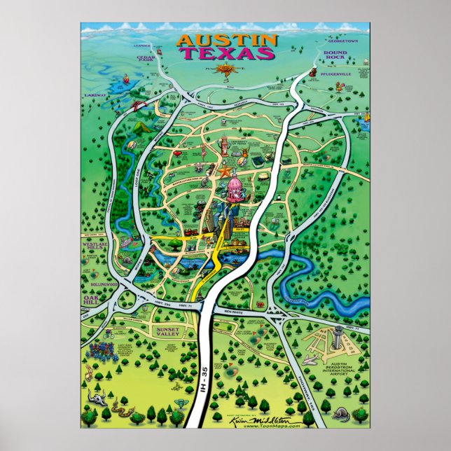 Austin Texas Cartoon Map Poster (Vorne)