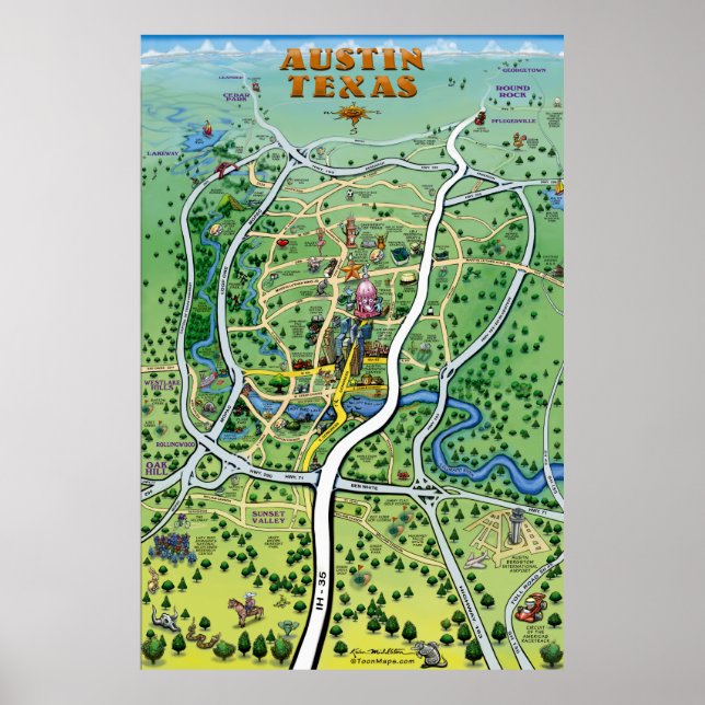Austin Texas Cartoon Map Poster (Vorne)