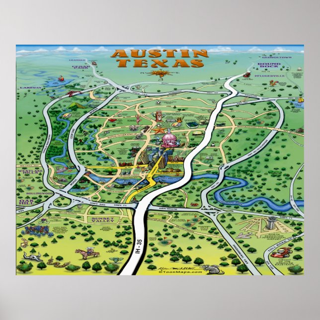 Austin Texas Cartoon Map Poster (Vorne)