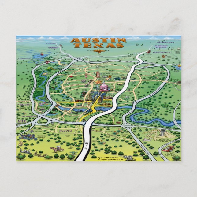 Austin Texas Cartoon Map Postkarte (Vorderseite)