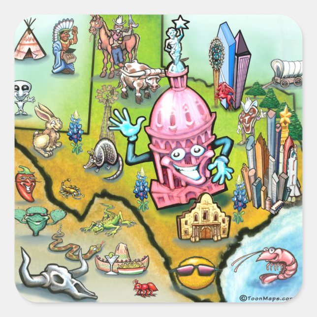 Austin Texas Cartoon Map Quadratischer Aufkleber (Vorderseite)