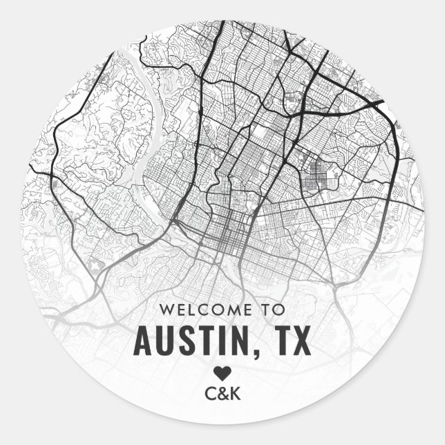 Austin, Texas City Map | Begrüßung Runder Aufkleber (Vorderseite)