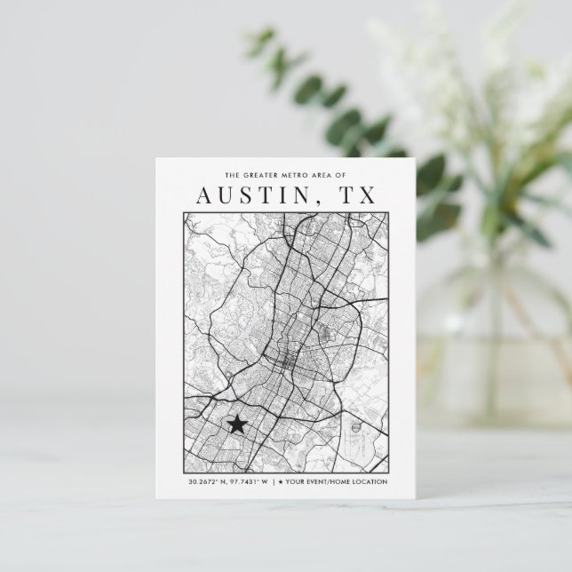 Austin, Texas City Map + Location Marker Postkarte (Stehend Vorderseite)