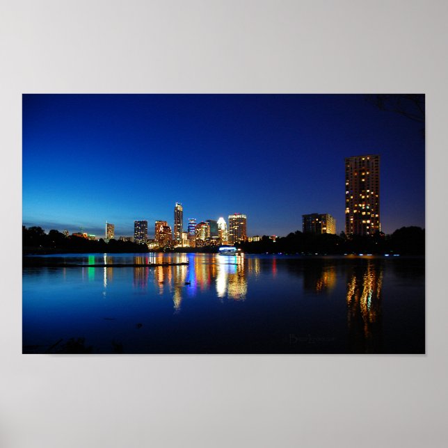 Austin Texas Downtown Night Skyline Ladybird Lake Poster (Vorne)