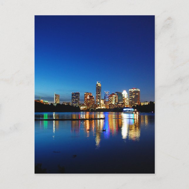 Austin Texas Downtown Night Skyline Ladybird Lake Postkarte (Vorderseite)