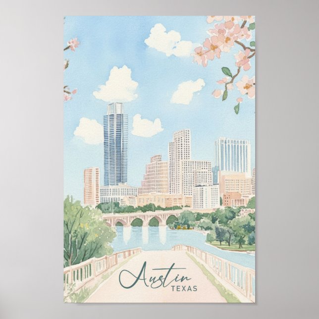 Austin Texas Gouache Paint Illustration Travel Poster (Vorne)