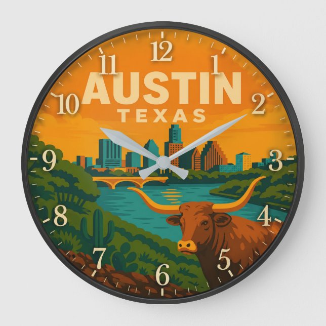 Austin Texas Longhorn Riverfront Große Wanduhr (Vorderseite)