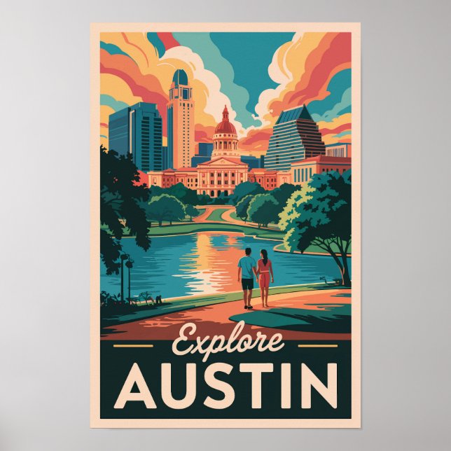 Austin Texas Skyline Reisen Art Vintag Poster (Vorne)