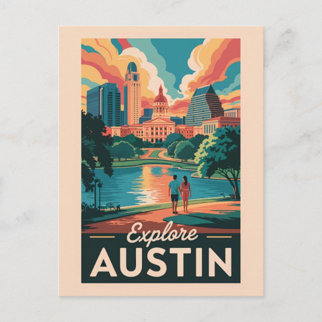 Austin Texas Skyline Reisen Art Vintag Postkarte (Vorderseite)