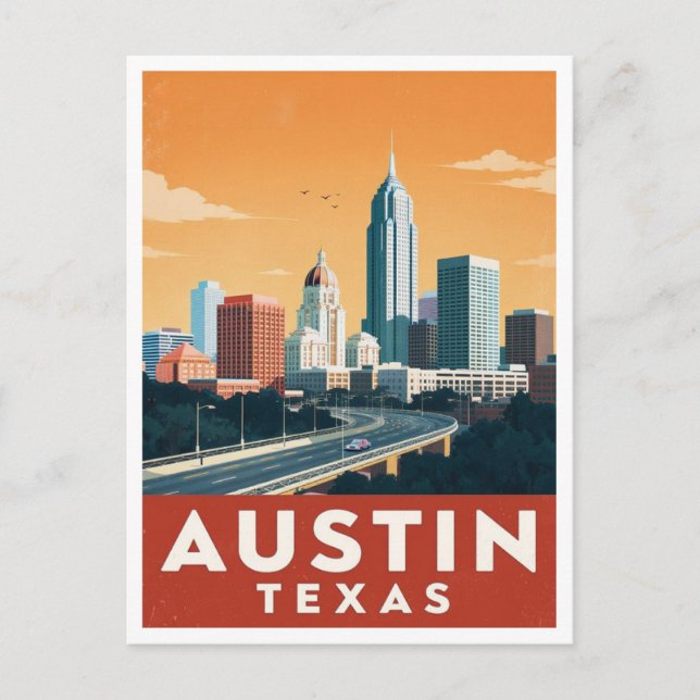 Austin Texas Skyline Vintage Reisekunst Postkarte (Vorderseite)