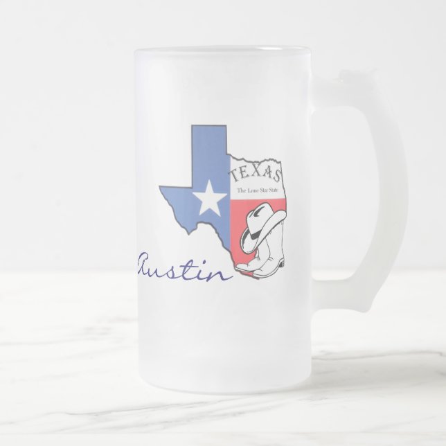 Austin, Texas Staat Map mit Star, Boots, Hat-Tasse Mattglas Bierglas (Rechts)