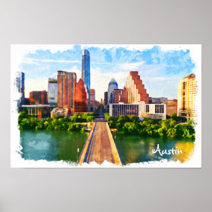 Austin Texas Vintage Travel City Watercolor Poster