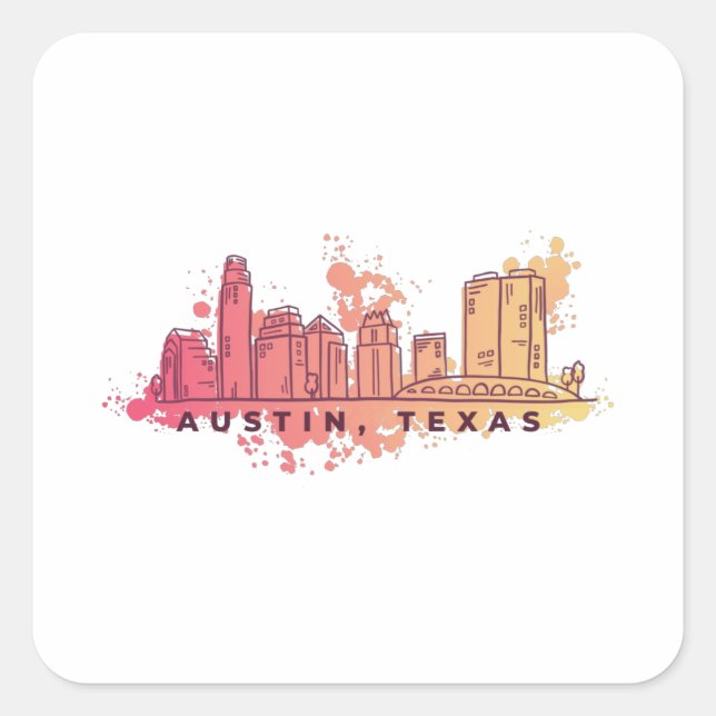 Austin Texas Watercolor Skyline Quadratischer Aufkleber (Vorderseite)