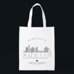 Austin, Texas Wedding | Stilisierte Skyline Wiederverwendbare Einkaufstasche<br><div class="desc">Eine einzigartige Hochzeitstasche für eine Hochzeit in der schönen Stadt Austin,  Texas. Diese Tasche zeigt die einzigartige Skyline der Stadt mit ihrem Namen darunter. Anschließend erhalten Sie Informationen zu Ihrem Hochzeitstag in einem passenden,  offenen Stil.</div>