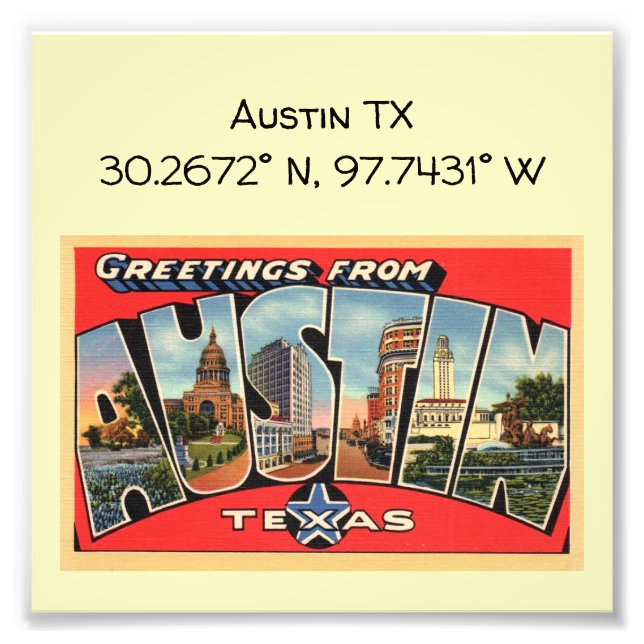 Austin TX Map koordiniert Vintagen Stil Fotodruck (Vorne)