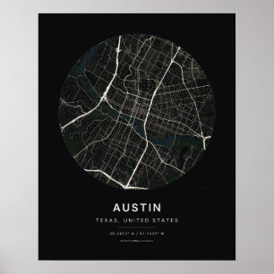 Austin TX Schwarze Stadtplan-Kunst drucken Poster