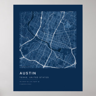 Austin TX Stadtplan Druck — Blaupause Straßenkarte Poster