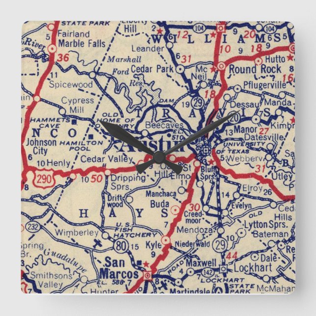 Austin TX Vintag 1941 Karte Quadratische Wanduhr (Vorderseite)