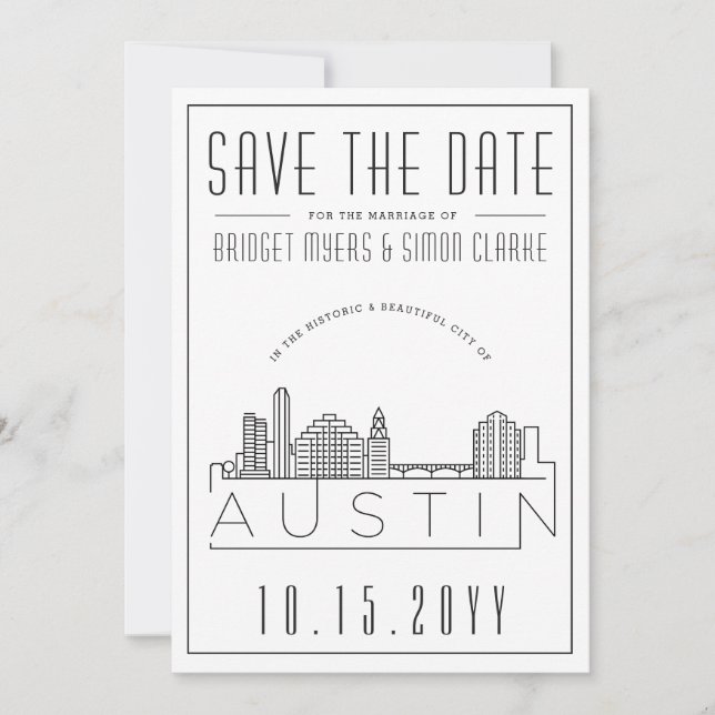 Austin Wedding | Stilisierte Skyline Save the Date Einladung (Vorderseite)