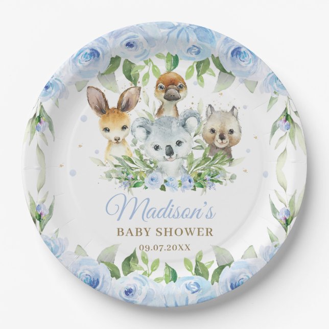 Australian Animals Blue Floral Boy Baby Showdusche Pappteller (Vorderseite)