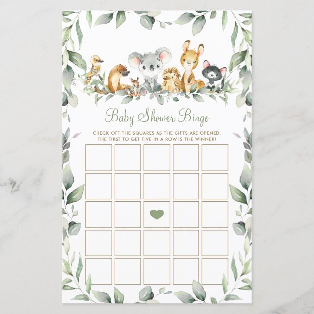 Australian Animals Greenerity Baby Shower Bingo Ga (Vorderseite)