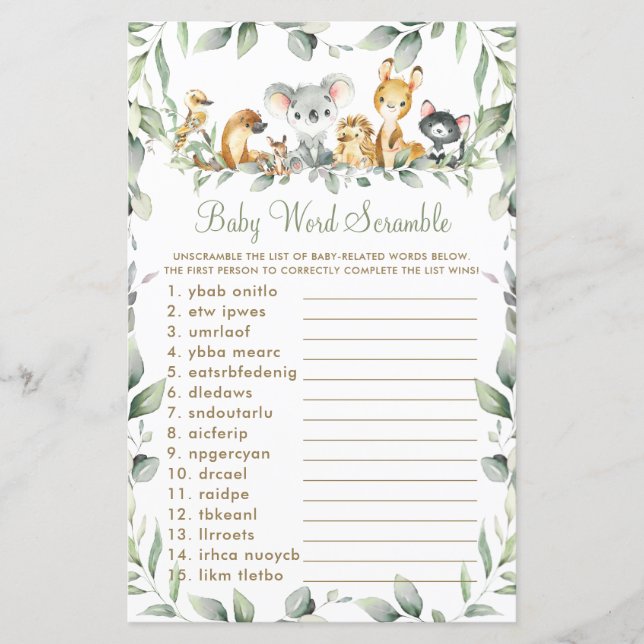 Australian Animals Greenery Baby Word Scramble (Vorderseite)