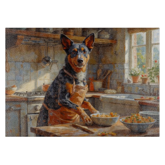 Australian Cattle Dog Cooking in Kitchen Schneidebrett (Vorderseite)