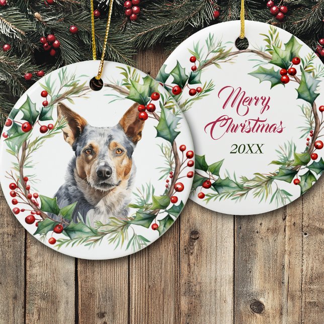 Australian Cattle Dog in Holly Twig Wreath Keramik Ornament (Von Creator hochgeladen)