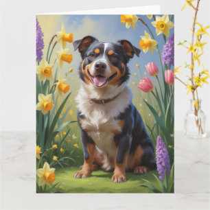 Australian Cattle Dog Spring Flowers Painting Karte